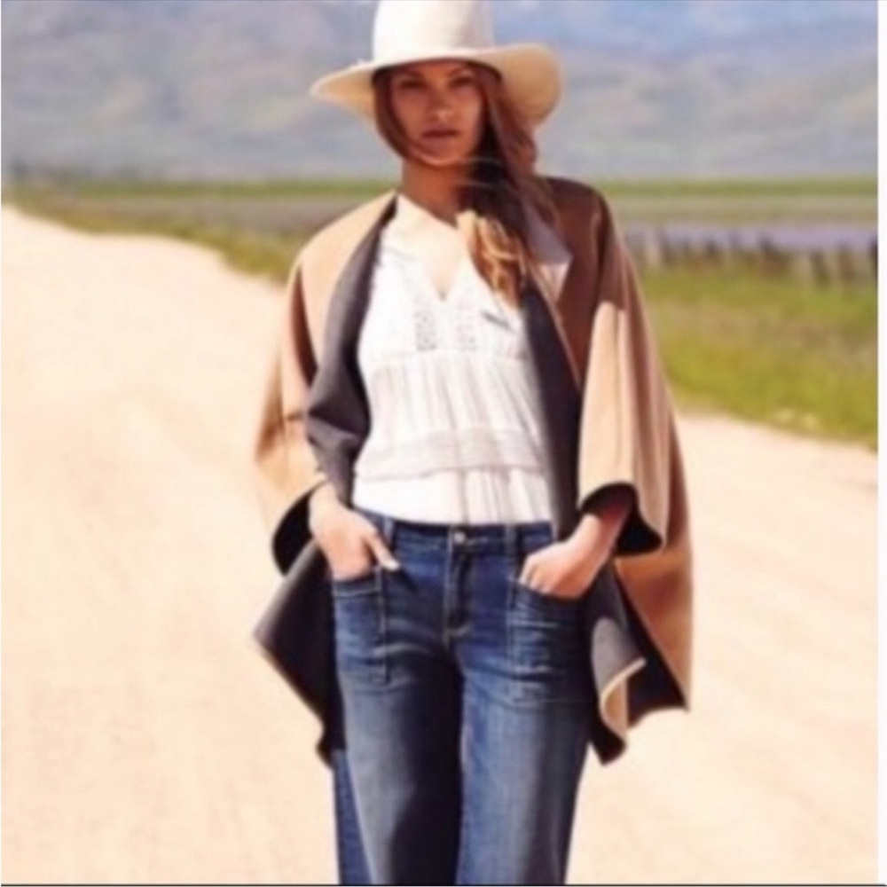 Anthropologie Cartonnier Classic Camel Tan Gray Cape Coat Blanket Beautiful! M/L